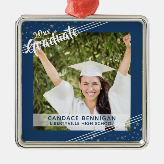 Afstuderen, bewerkbaar blauw, lijnen en sterren metalen ornament (Voorkant)