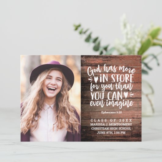 Afstuderen Bijbel Verse Photo Rustic Wood Script Aankondiging (Staand voorkant)