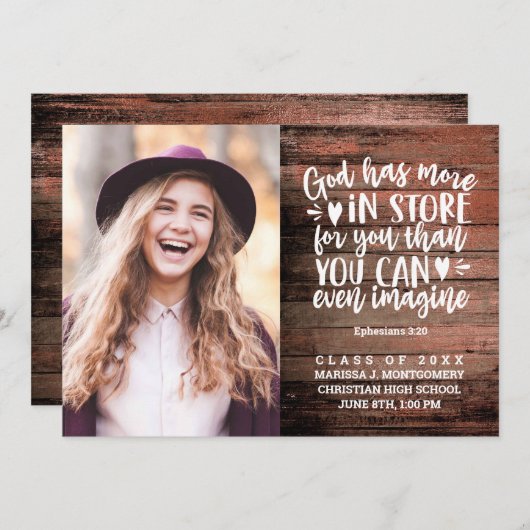 Afstuderen Bijbel Verse Photo Rustic Wood Script Aankondiging (Voorkant / Achterkant)