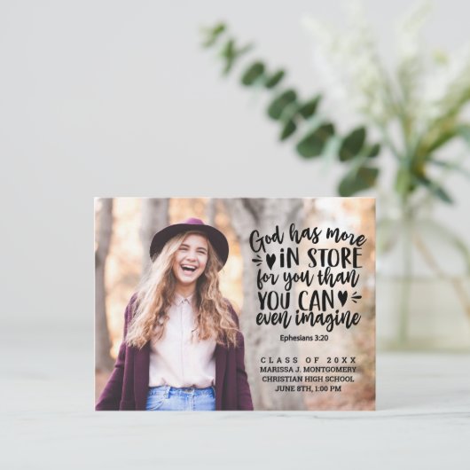 Afstuderen Bijbelvers Modern Photo Party Briefkaart (Staand voorkant)