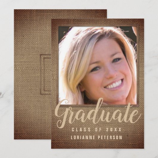 Afstuderen bijtende foto Tan Burlap modern script Aankondiging (Voorkant / Achterkant)