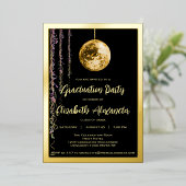 Afstuderen Black and Gold Disco Ball-70 Folie Uitnodiging (Staand Voorkant)