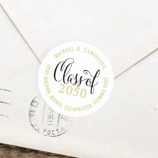 Afstuderen Black en Gold Return Address Script Ronde Sticker