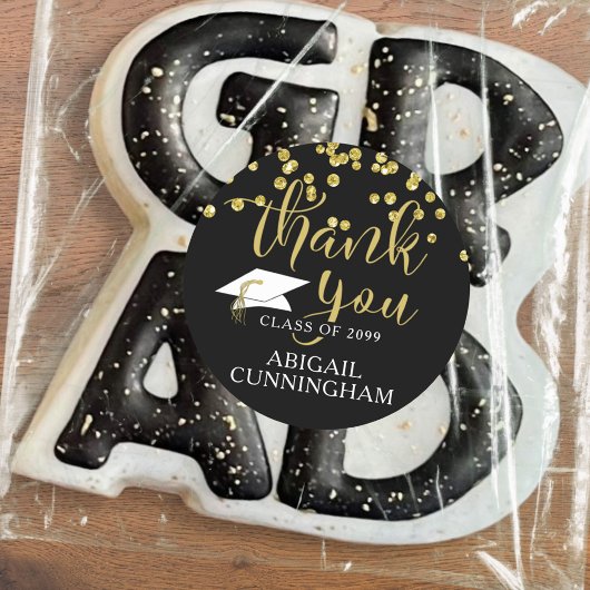 Afstuderen Black & Gold Confetti Script BEDANKT U Ronde Sticker