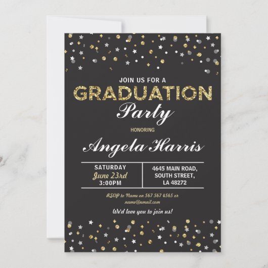 Afstuderen Black & Gold Invite Stars Confetti Kaart (Voorkant)