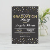 Afstuderen Black & Gold Invite Stars Confetti Kaart (Staand voorkant)