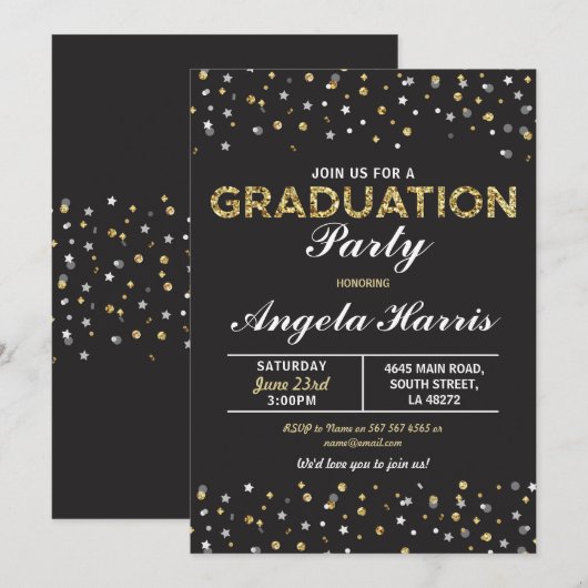Afstuderen Black & Gold Invite Stars Confetti Kaart (Voorkant / Achterkant)