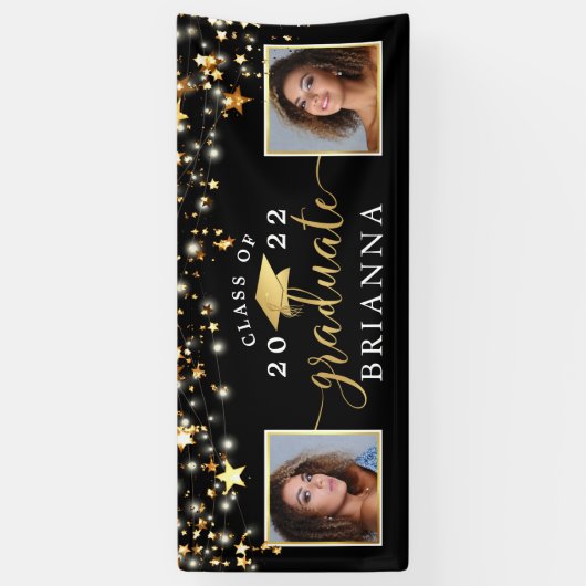 Afstuderen Black Gold Stars Licht Confetti Foto Spandoek (Verticaal)