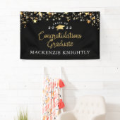 Afstuderen Black Gold Stars Licht Confetti Script Spandoek (Insitu)
