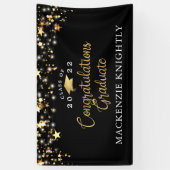 Afstuderen Black Gold Stars Licht Confetti Script Spandoek (Verticaal)
