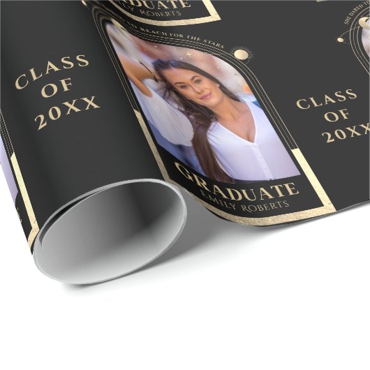 Afstuderen Black Gold Sun Moon Stars Afstudeerder  Cadeaupapier (Rol Hoek)