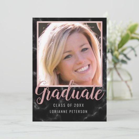 Afstuderen Black Marble Roos Script-foto Aankondiging (Staand voorkant)
