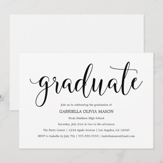 Afstuderen | Black Script Graduation Party Uitnodi Kaart (Voorkant / Achterkant)