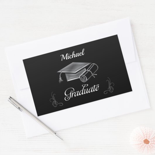 Afstuderen Black & Silver, Pet & diploma Rechthoekige Sticker (Envelop)