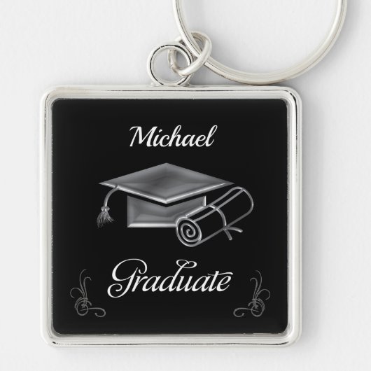 Afstuderen Black & Silver, Pet & diploma Sleutelhanger (Voorkant)