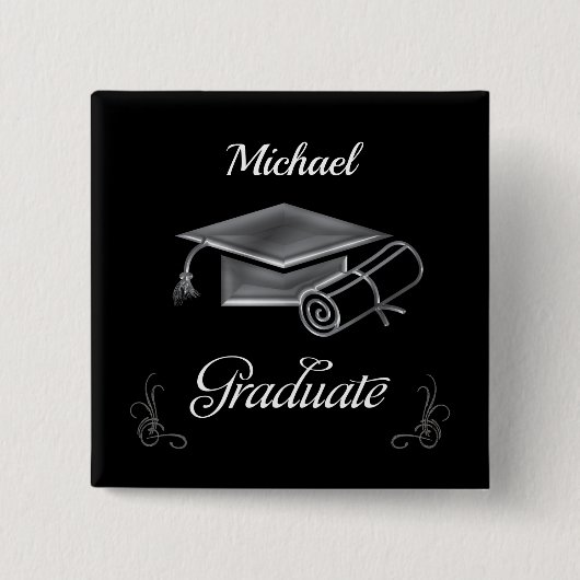 Afstuderen Black & Silver, Pet & diploma Vierkante Button 5,1 Cm (Voorkant)