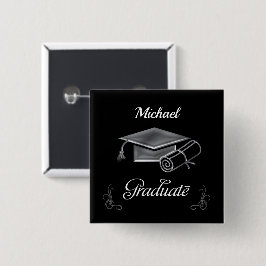 Afstuderen Black & Silver, Pet & diploma Vierkante Button 5,1 Cm