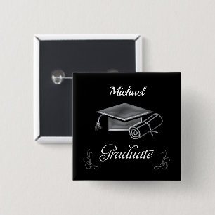Afstuderen Black & Silver, Pet & diploma Vierkante Button 5,1 Cm