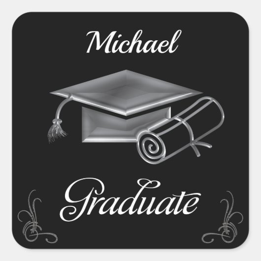Afstuderen Black & Silver, Pet & diploma Vierkante Sticker (Voorkant)