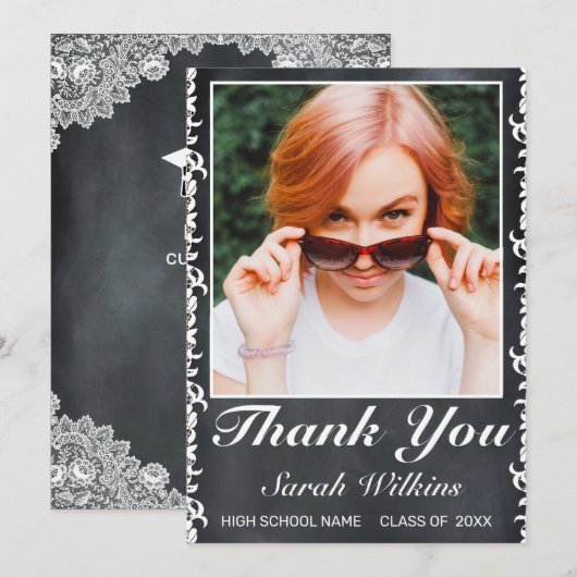 Afstuderen Blackboard & White Lace Foto Bedankkaart (Voorkant / Achterkant)