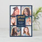 Afstuderen Blauw 6 Photo Collage Goud Wit Script Aankondiging (Staand voorkant)