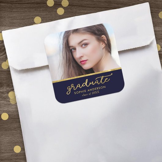 Afstuderen Blauw en gouden foto's Afstuderen Vierkante Sticker