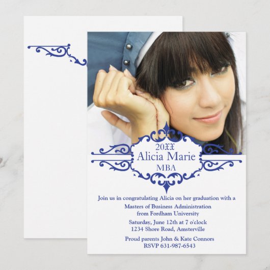 Afstuderen Blauw Fotouitnodiging Kaart (Voorkant / Achterkant)
