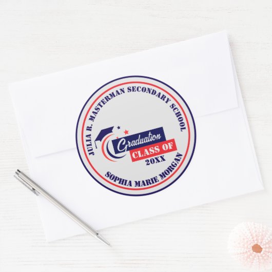 Afstuderen blauw rood wit Afstuderen Ronde Sticker (Envelop)