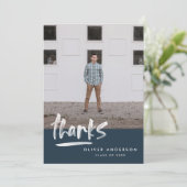 Afstuderen blauw script 3 foto bedankt kaart (Staand voorkant)