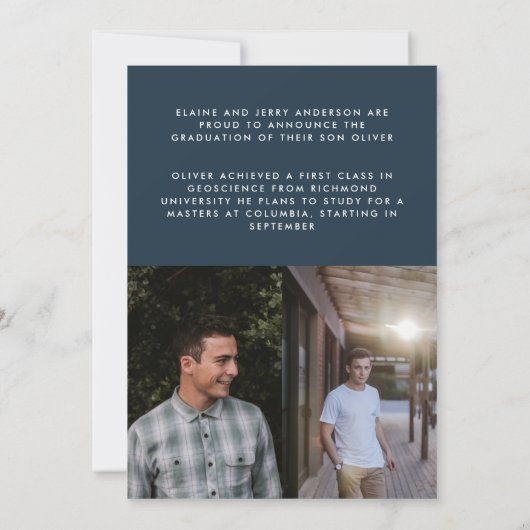 Afstuderen blauw script 3 foto bedankt kaart (Achterkant)