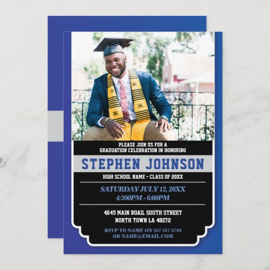 Afstuderen Blauw Zilver Party Foto Afstudeerder Ui Kaart (Voorkant / Achterkant)