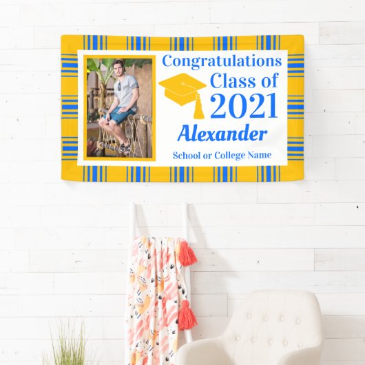 Afstuderen blauwe gouden speldenschool spandoek (Insitu)