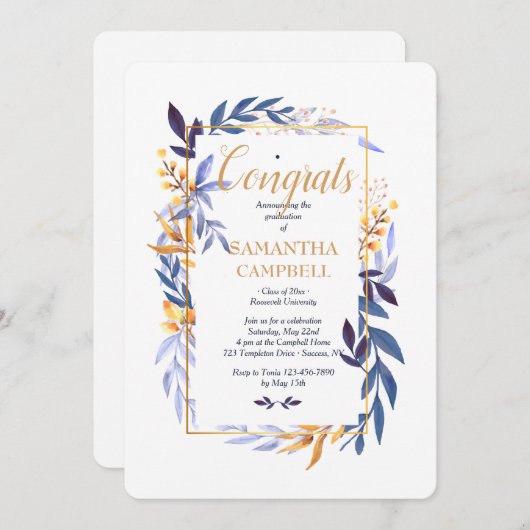Afstuderen Blauwe Twee Uitnodiging (Voorkant / Achterkant)
