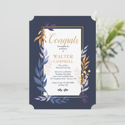 Afstuderen Blauwe Uitnodiging (Staand voorkant)