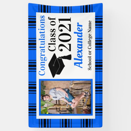 Afstuderen blauwe zwarte speldenschool spandoek (Verticaal)