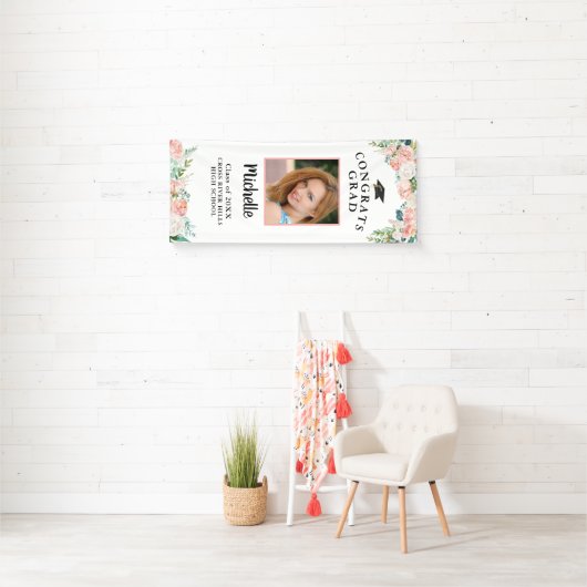 Afstuderen Bloemen Roze Rose Goud Script Fotodeur Spandoek (Insitu)