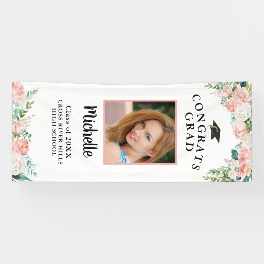 Afstuderen Bloemen Roze Rose Goud Script Fotodeur Spandoek (Horizontaal)