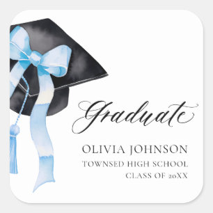 Afstuderen Blue Bow Coquette Graduation Cap Vierkante Sticker