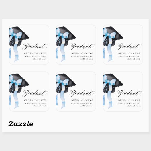 Afstuderen Blue Bow Coquette Graduation Cap Vierkante Sticker (Vel)