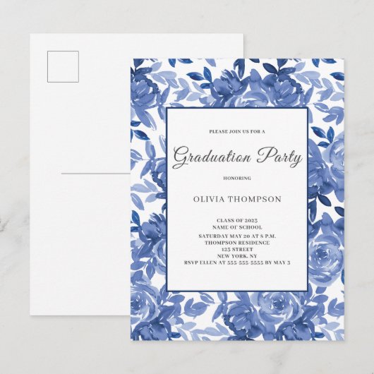 Afstuderen Blue Floral Party Uitnodiging Briefkaart (Voorkant / Achterkant)