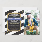 Afstuderen Blue Gold Photo Stripe Glitter Invite Kaart (Voorkant)