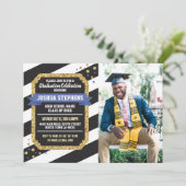 Afstuderen Blue Gold Photo Stripe Glitter Invite Kaart (Staand voorkant)