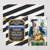 Afstuderen Blue Gold Photo Stripe Glitter Invite Kaart (Voorkant / Achterkant)