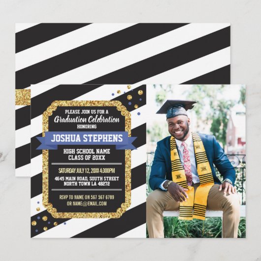 Afstuderen Blue Gold Photo Stripe Glitter Invite Kaart (Voorkant / Achterkant)