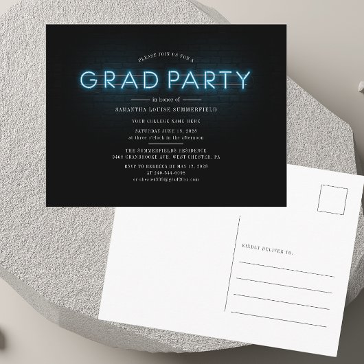 Afstuderen Blue Neon Afstudeerder 2025 Party Uitnodiging Briefkaart
