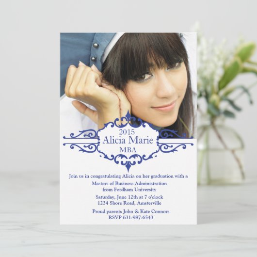 Afstuderen Blue Photo Invitation Kaart (Staand voorkant)