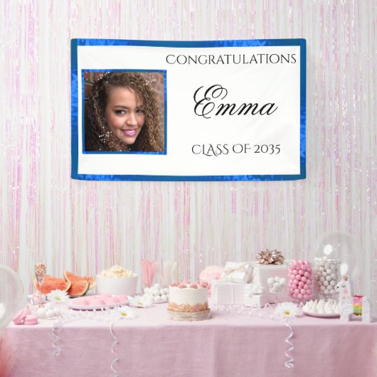 Afstuderen Blue Satin Custom Photo Banner (Feest)