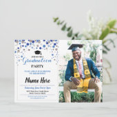 Afstuderen Blue Silver Party Polka Dot Foto Kaart (Staand voorkant)