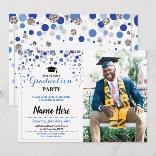Afstuderen Blue Silver Party Polka Dot Foto Kaart (Voorkant / Achterkant)