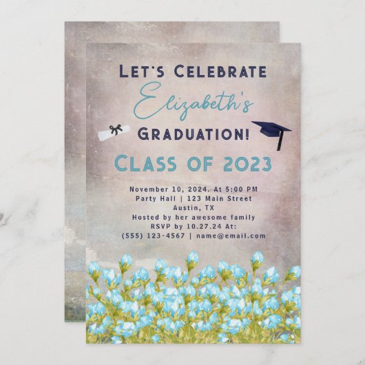 Afstuderen Blue Waterverf Flowers Celebration Kaart (Voorkant / Achterkant)